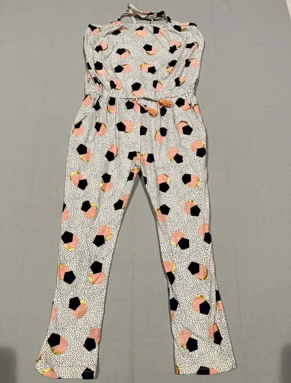 Halter Sleeveless Polka Dot Jumpsuit Tassel Drawstring Waist Size 7 S
